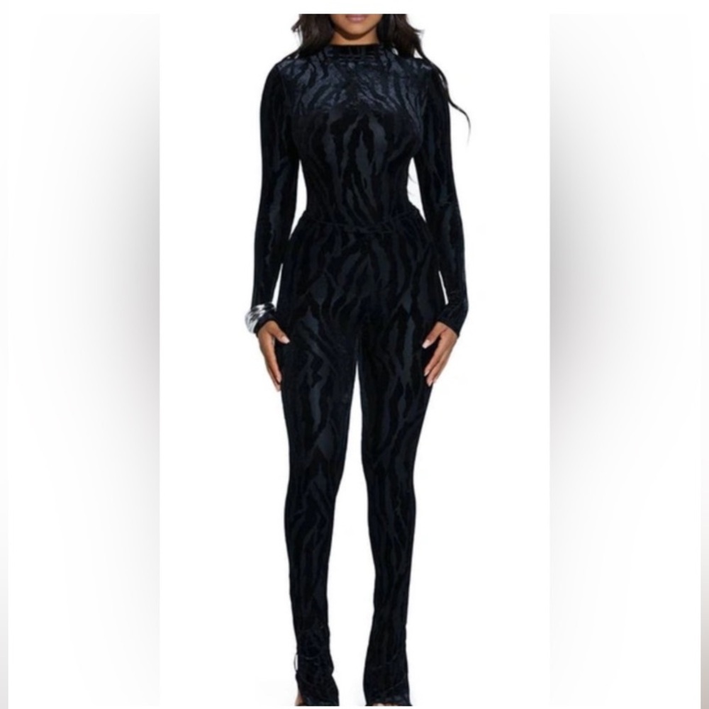 Naked Wardrobe black tiger print velvet jumpsuit